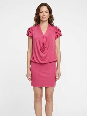 BCBGMAXAZRIA Runway Pink Cowl Neck Ruffle Sleeve Blouson Dress Women Size S
